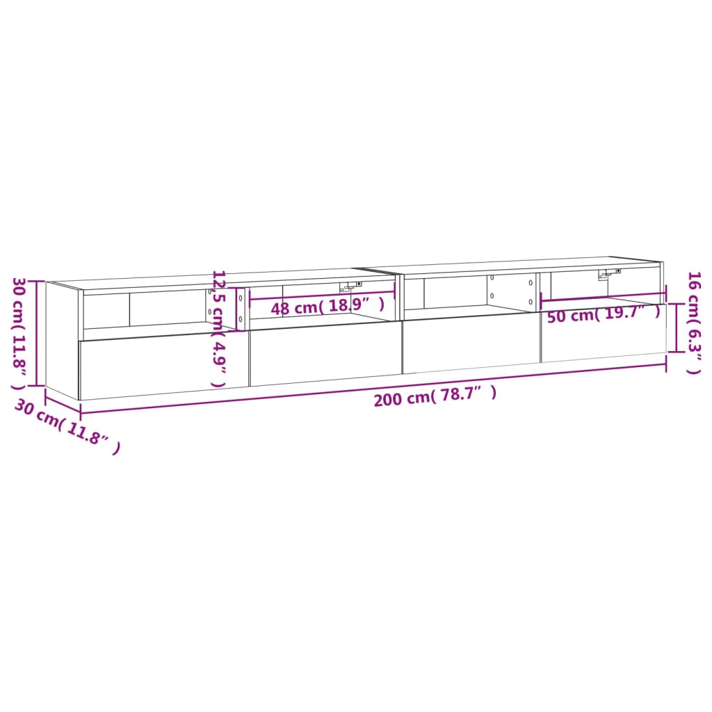 vidaXL Muebles de pared de TV 2 uds madera gris hormigón 100x30x30 cm