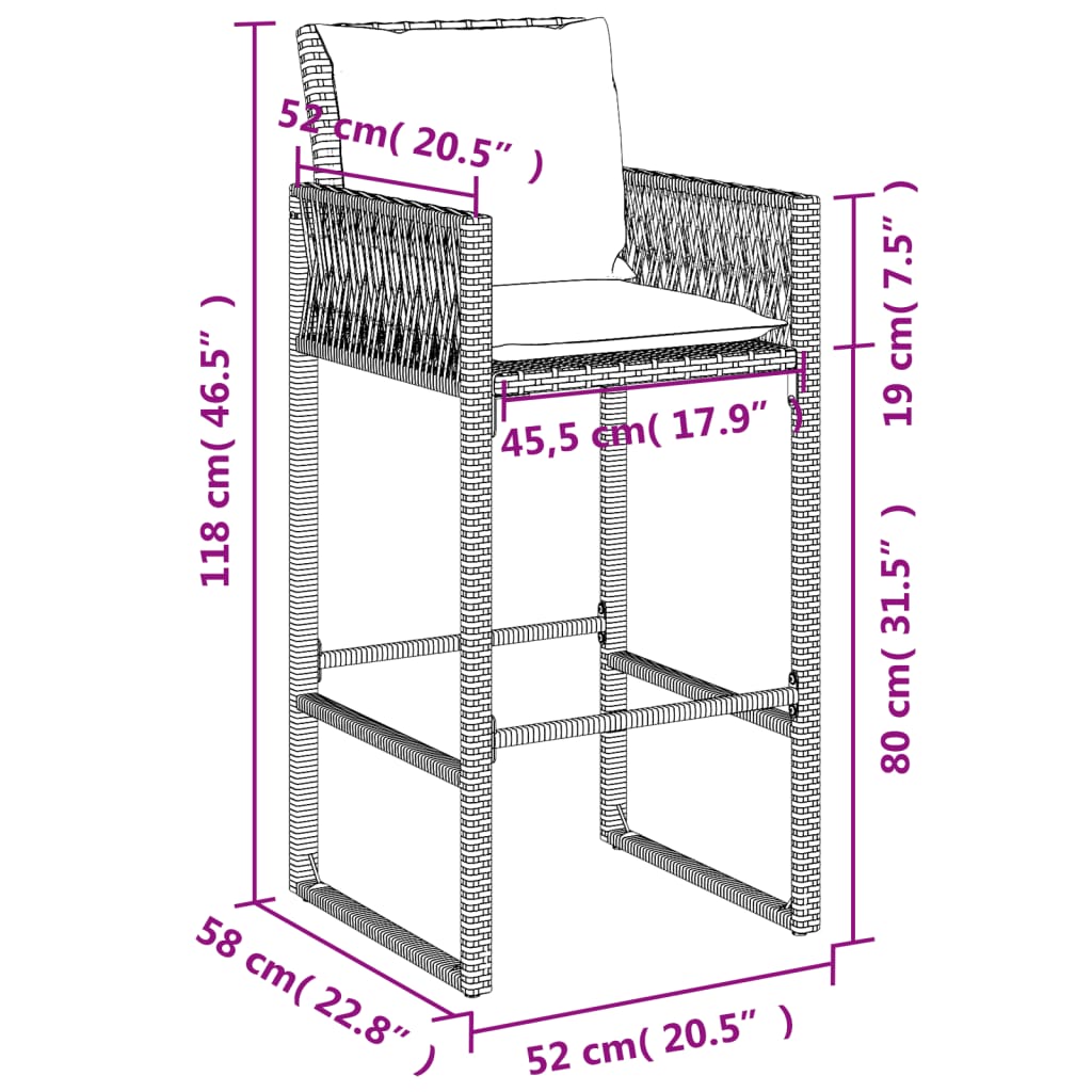 vidaXL Taburetes de cocina con cojines 2 uds ratán sintético gris