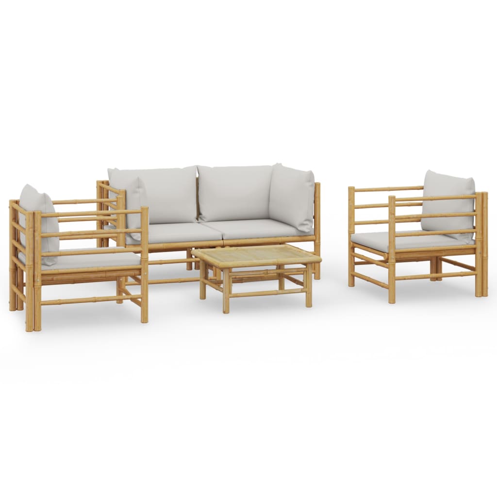 vidaXL Set de muebles de jardín 5 piezas bambú y cojines gris claro