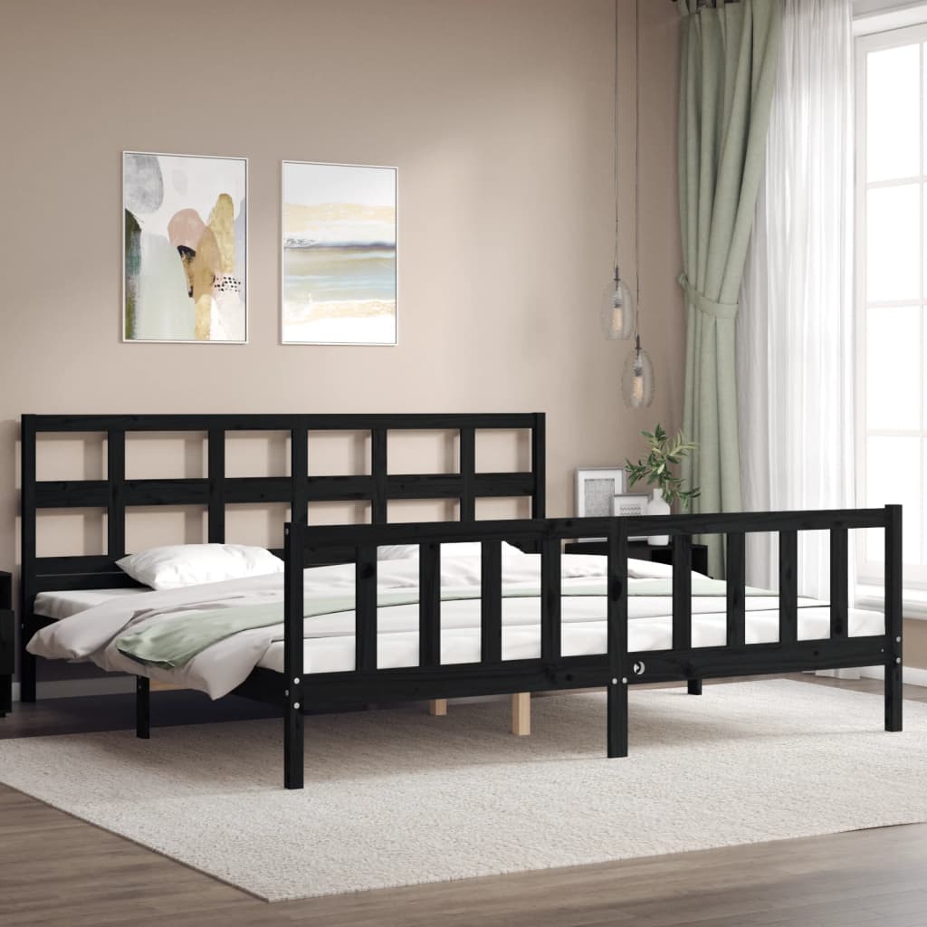 vidaXL Estructura cama de matrimonio con cabecero madera maciza negro