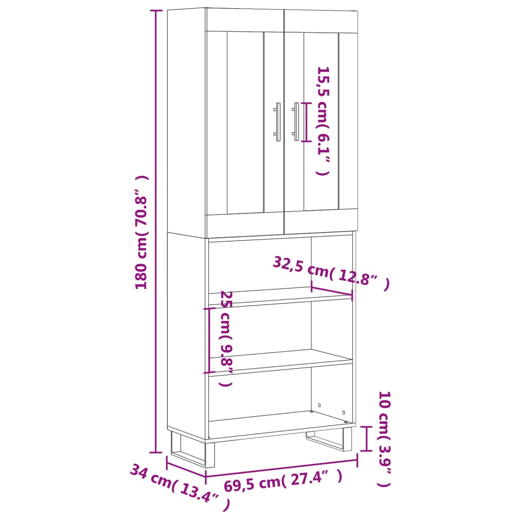 vidaXL Aparador alto madera contrachapada gris hormigón 69,5x34x180 cm