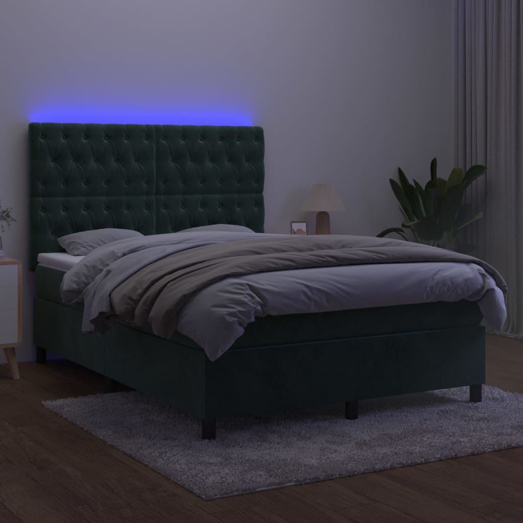 vidaXL Cama box spring colchón y LED terciopelo verde oscuro 140x190cm