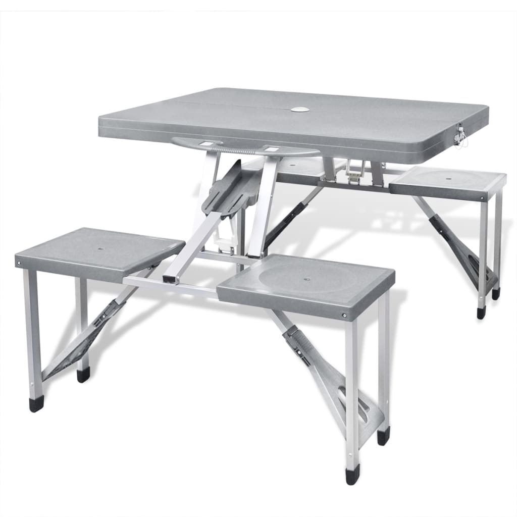 vidaXL Set mesa plegable de camping y 4 taburetes aluminio gris claro