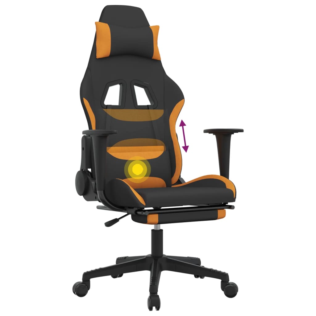 vidaXL Silla gaming de masaje con reposapiés tela negro y naranja