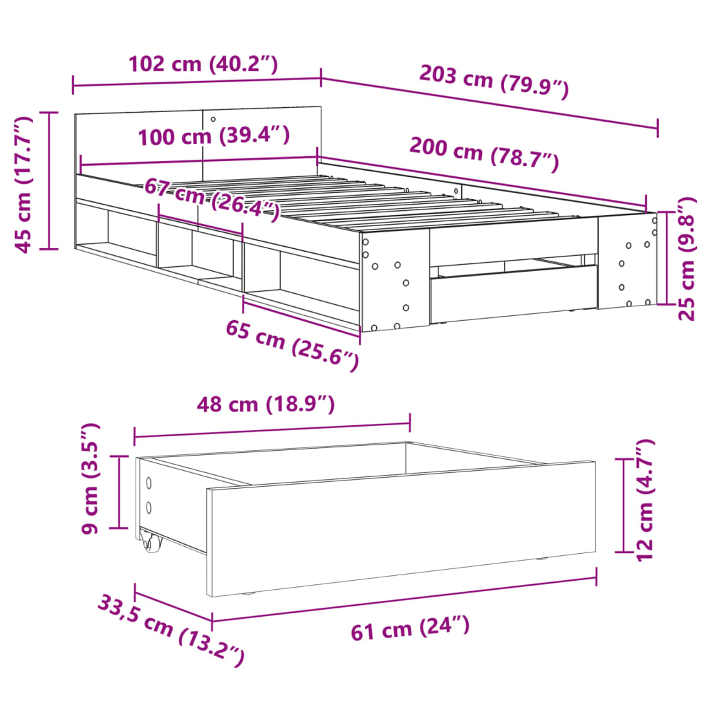 vidaXL Cama con cajón madera ingeniería roble Sonoma 100x200 cm