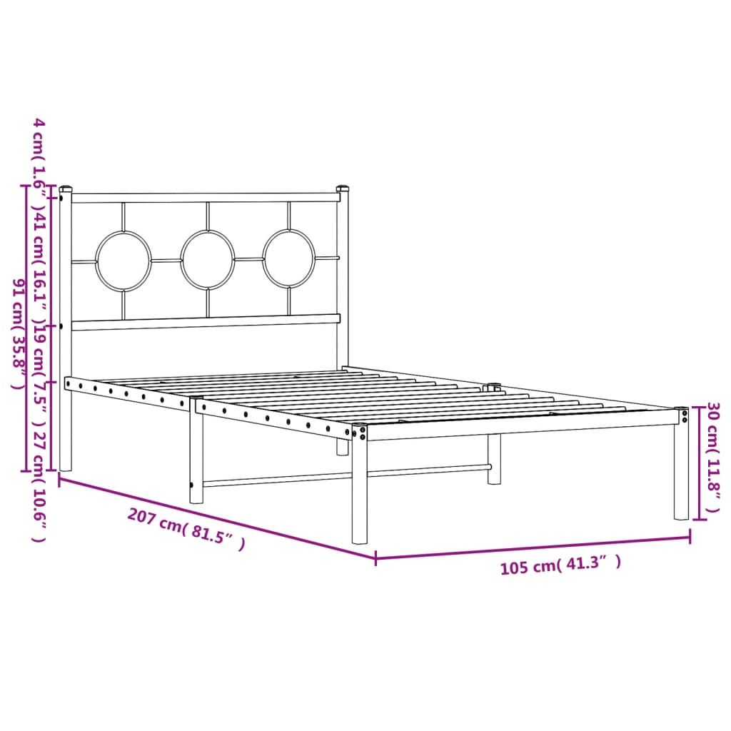 vidaXL Estructura cama sin colchón con cabecero metal negro 100x200 cm