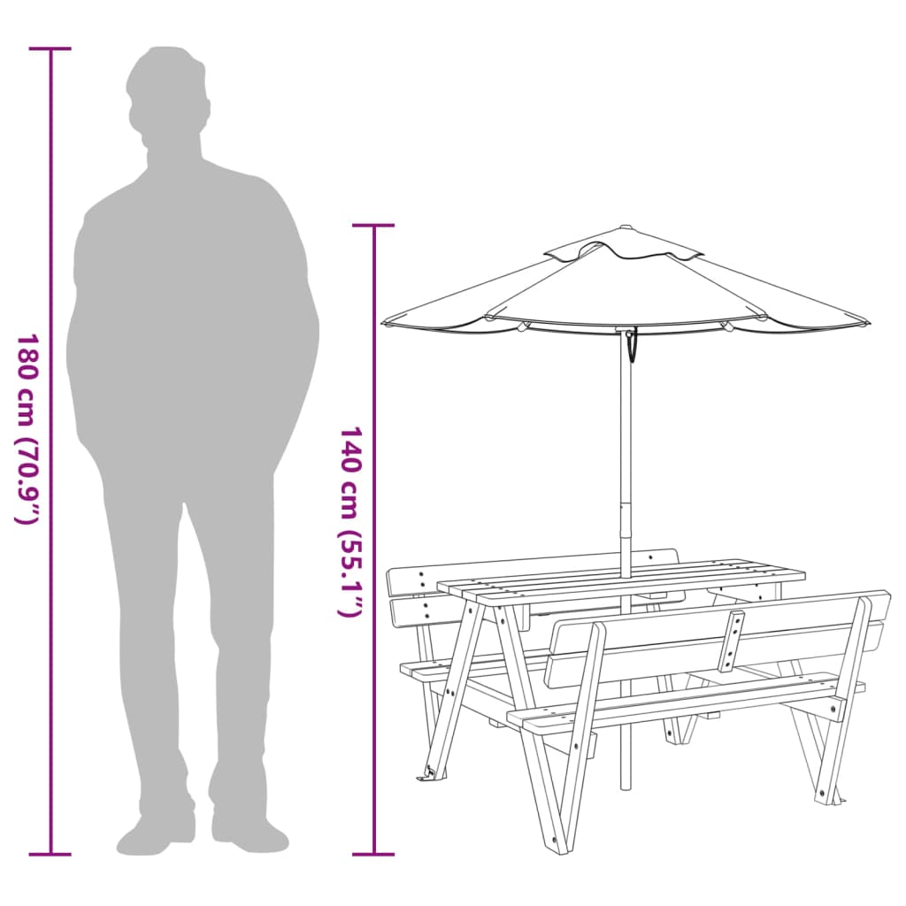 vidaXL Mesa de picnic para 4 niños agujero para sombrilla madera abeto