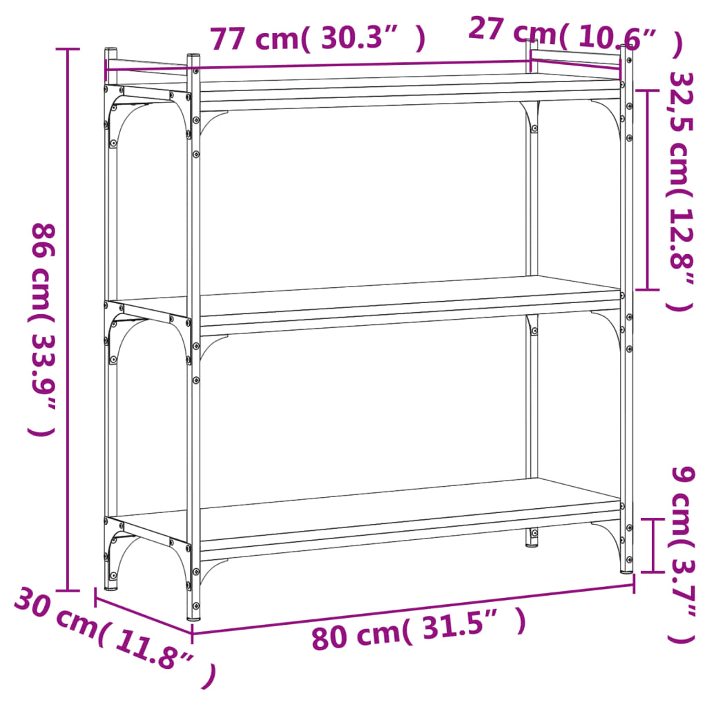 vidaXL Librería 3 estantes madera ingeniería gris Sonoma 80x30x86 cm