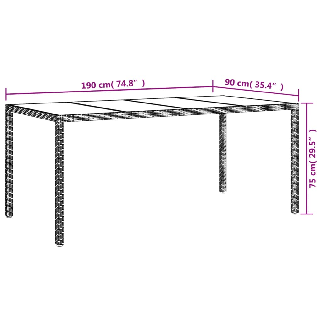 vidaXL Mesa jardín vidrio templado ratán sintético gris 190x90x75 cm