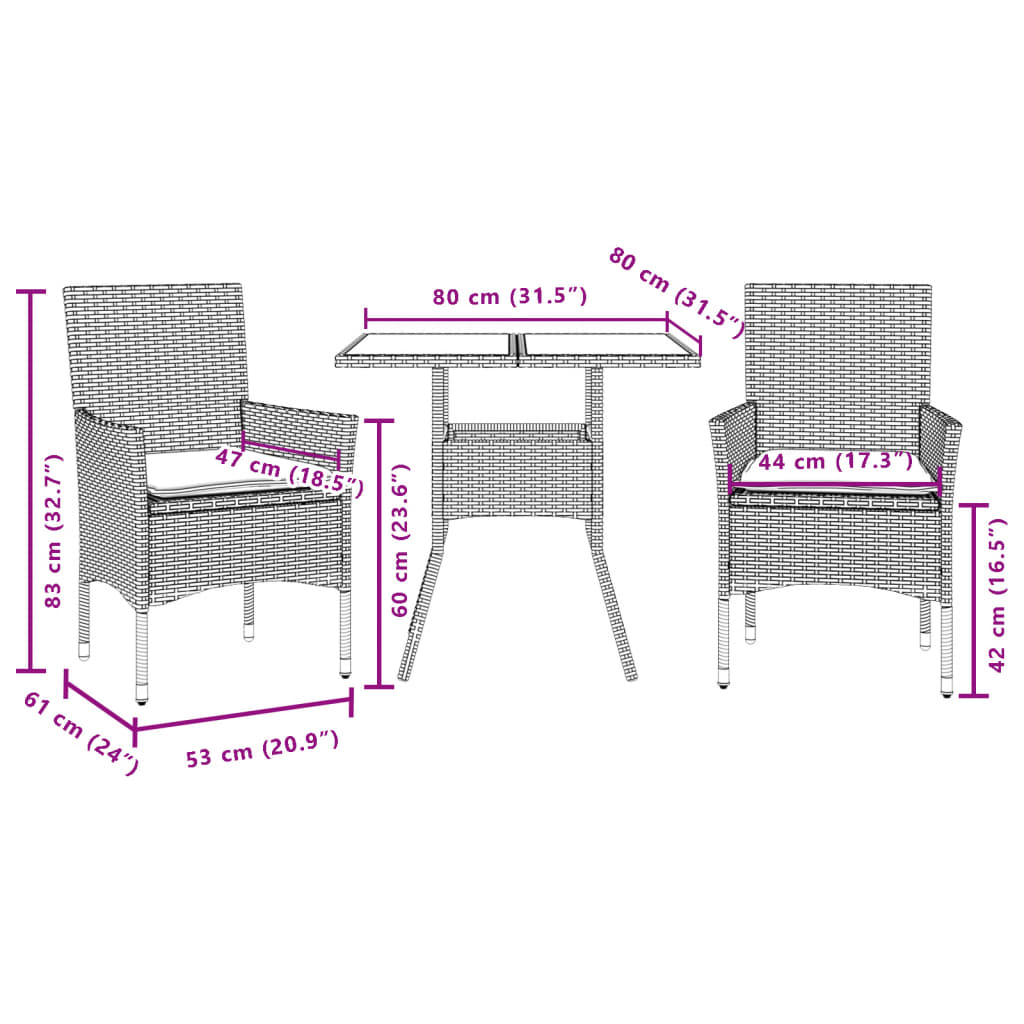 vidaXL Set de comedor jardín 3 pzas con cojines ratán PE acacia gris