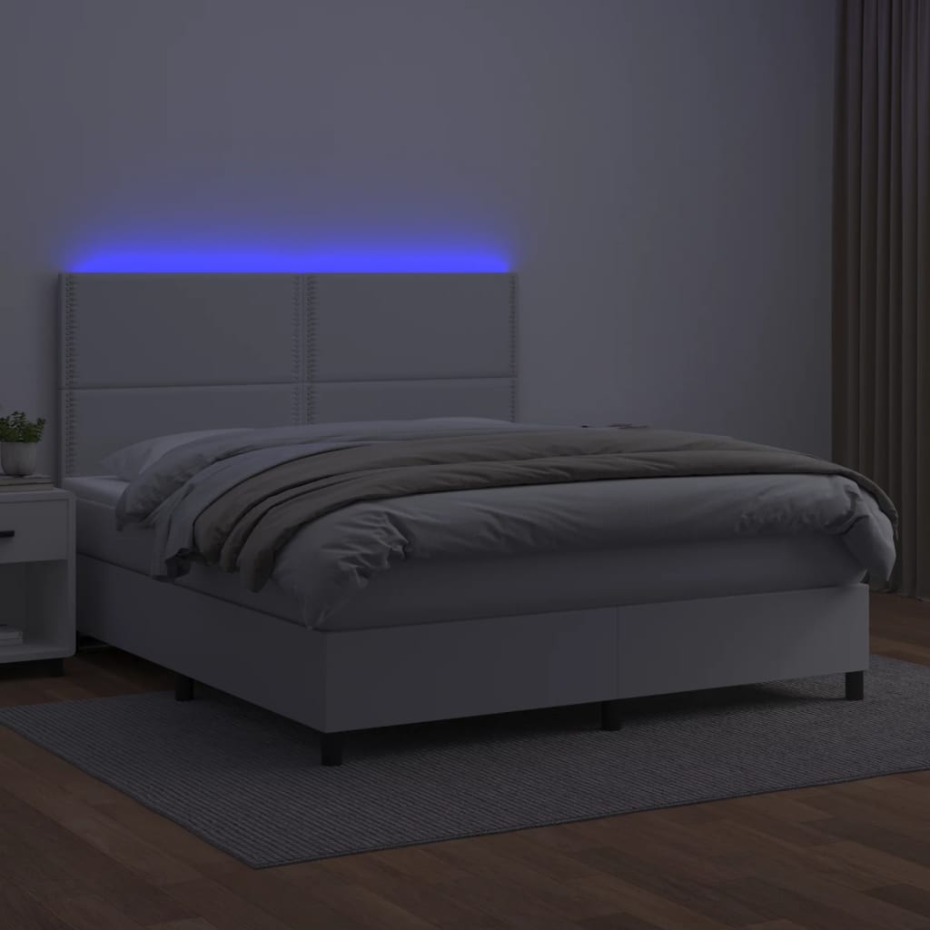 vidaXL Cama box spring colchón y LED cuero sintético blanco 180x200 cm