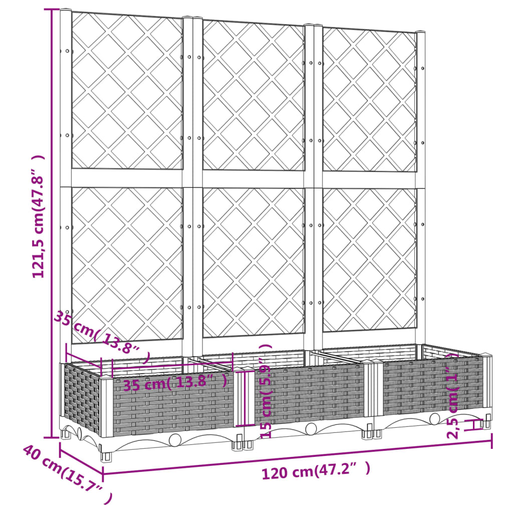 vidaXL Jardinera con enrejado PP gris oscuro 120x40x121,5 cm