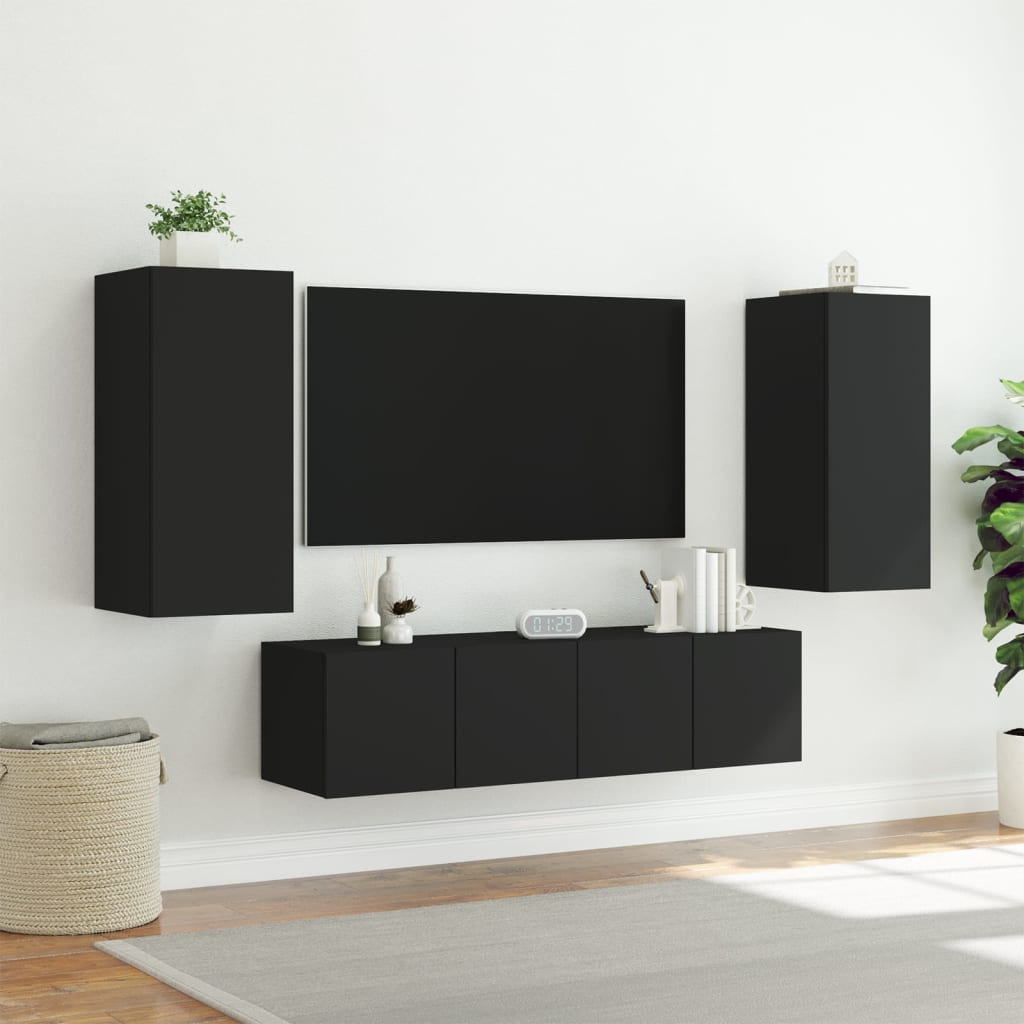 vidaXL Muebles de TV de pared con LED 4 pzas madera ingeniería negro