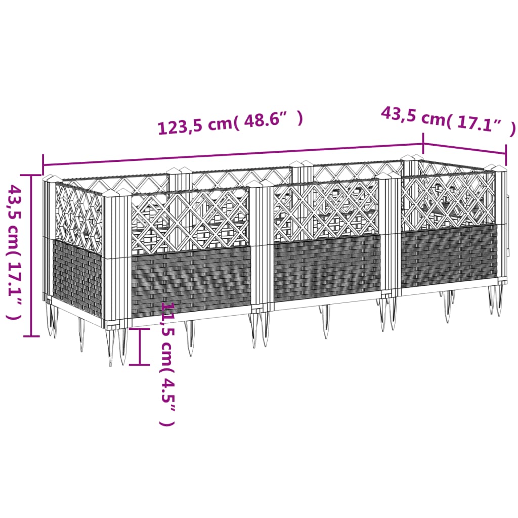 vidaXL Jardinera con clavijas PP gris 123,5x43,5x43,5 cm