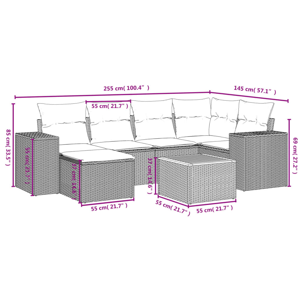 vidaXL Set de comedor de jardín 7 pzas y cojines ratán sintético negro