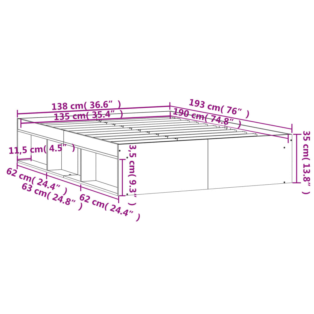 vidaXL Estructura de cama de matrimonio gris cemento 135x190 cm