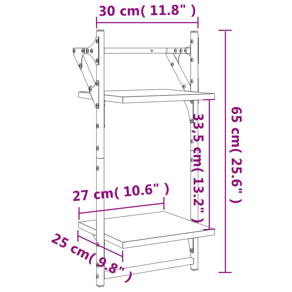 vidaXL Estantes pared 2 niveles barras 2 uds roble marrón 30x25x65 cm