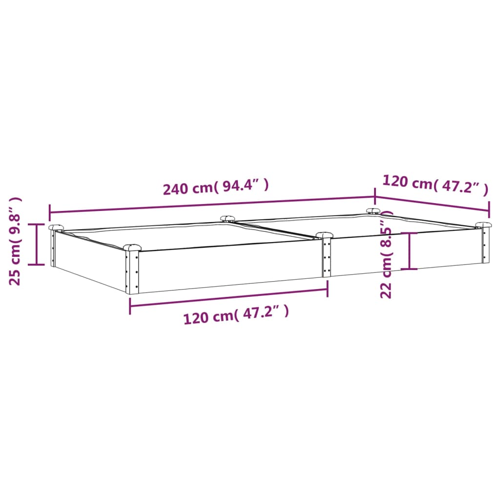 vidaXL Jardinera arriate con forro madera abeto marrón 240x120x25 cm