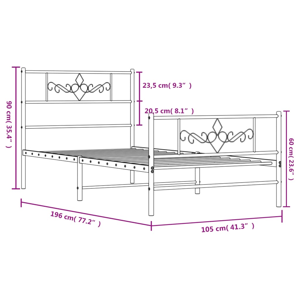 vidaXL Estructura cama sin colchón con estribo metal negro 100x190 cm