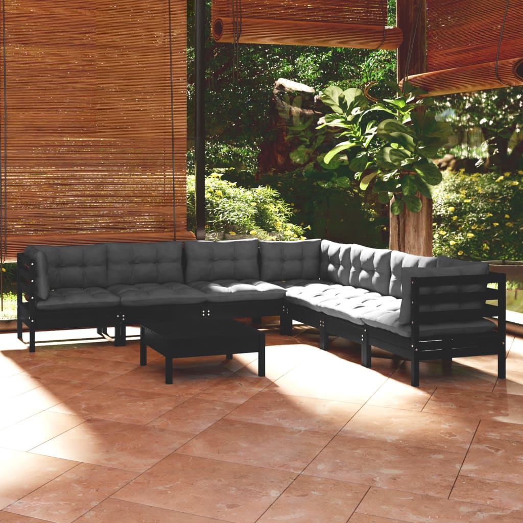 vidaXL Muebles de jardín 8 pzas con cojines negro madera maciza pino