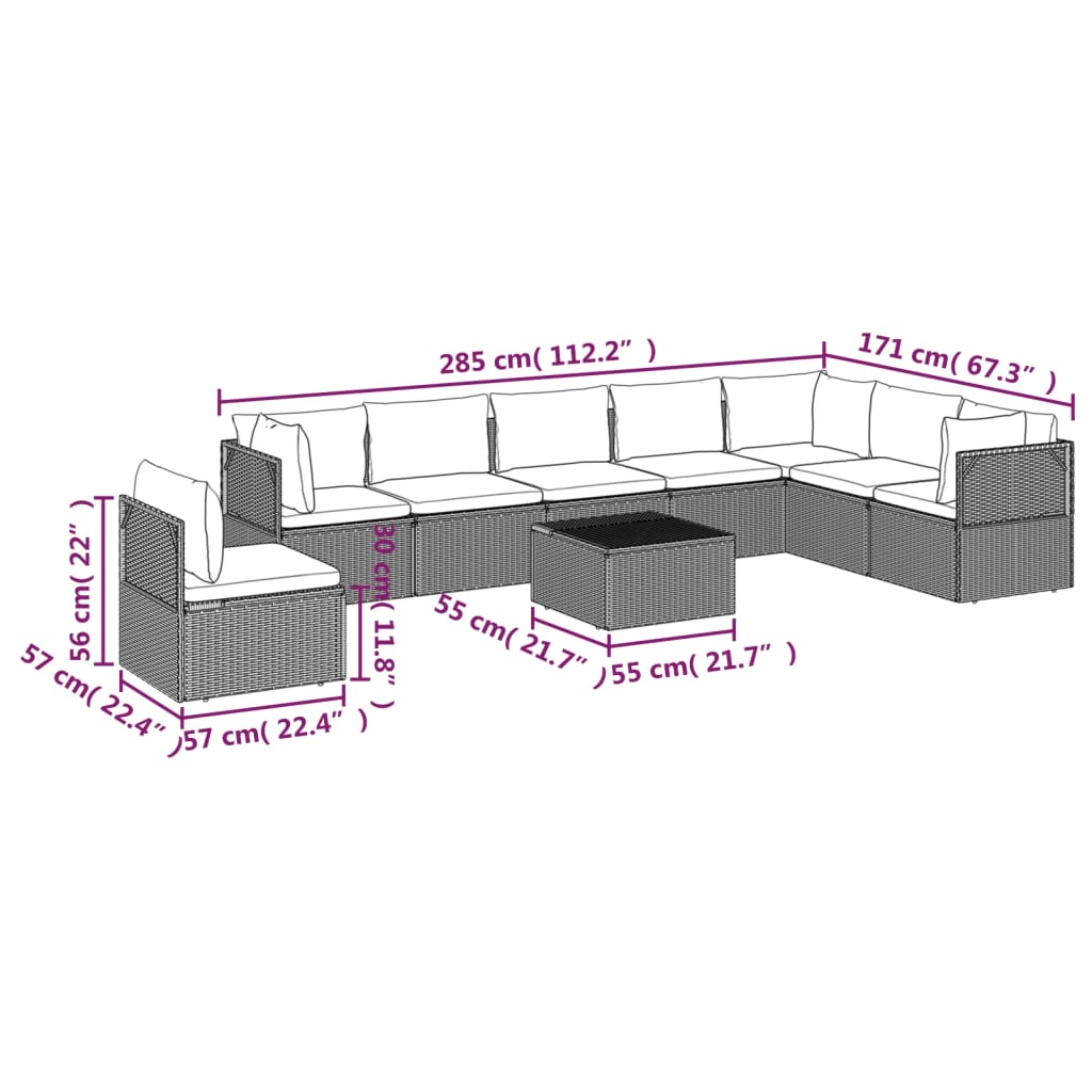 vidaXL Set de muebles de jardín 9 pzas y cojines ratán sintético gris