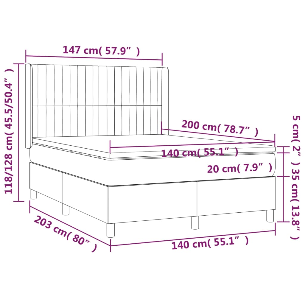 vidaXL Cama box spring colchón y LED terciopelo azul oscuro 140x200 cm