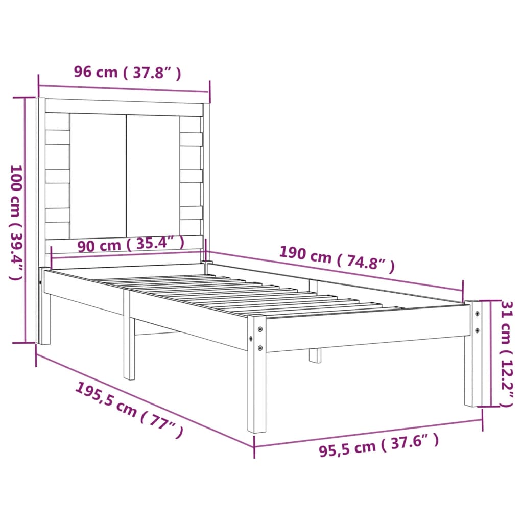 vidaXL Estructura de cama individual madera maciza negra 90x190 cm