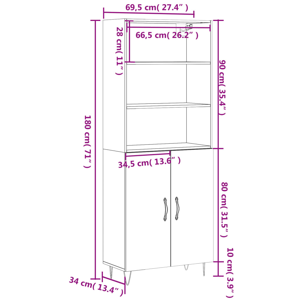 vidaXL Aparador alto madera contrachapada color roble 69,5x34x180 cm