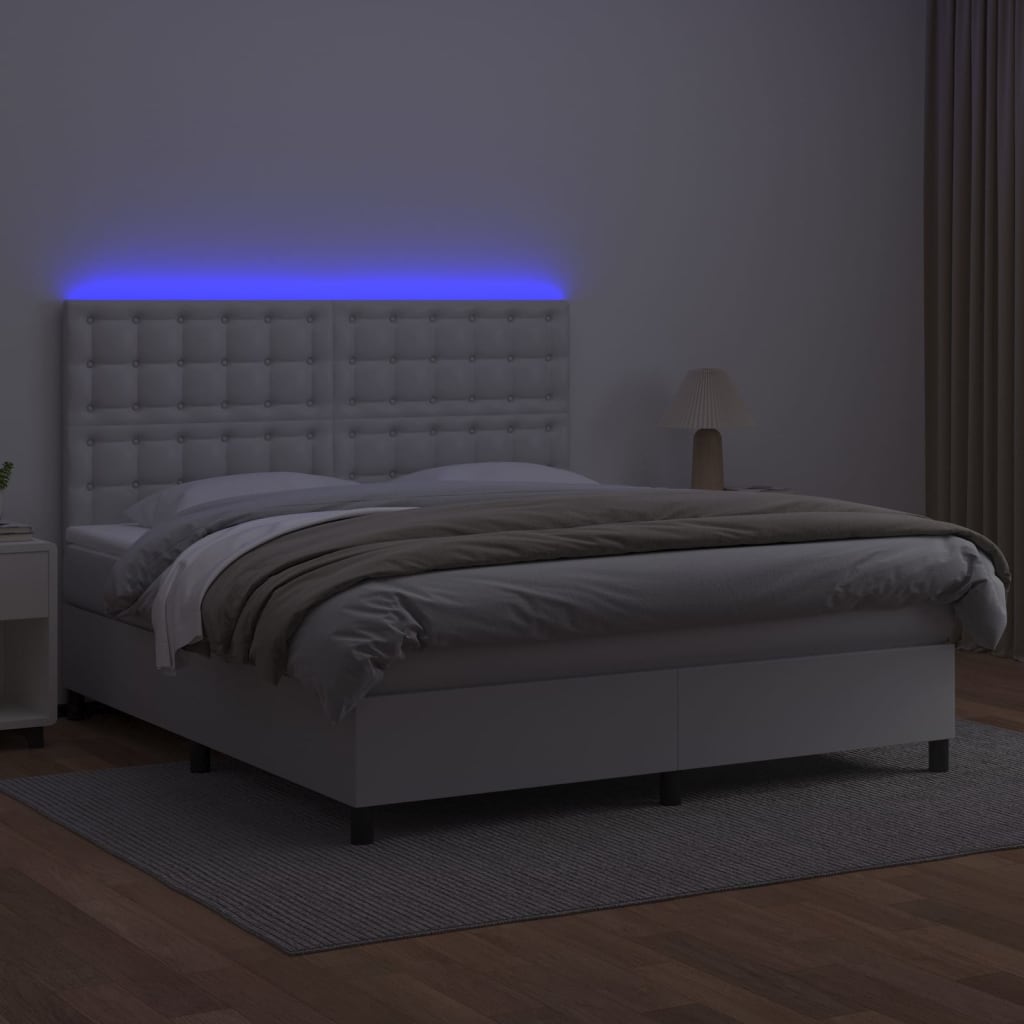 vidaXL Cama box spring colchón y LED cuero sintético blanco 180x200 cm