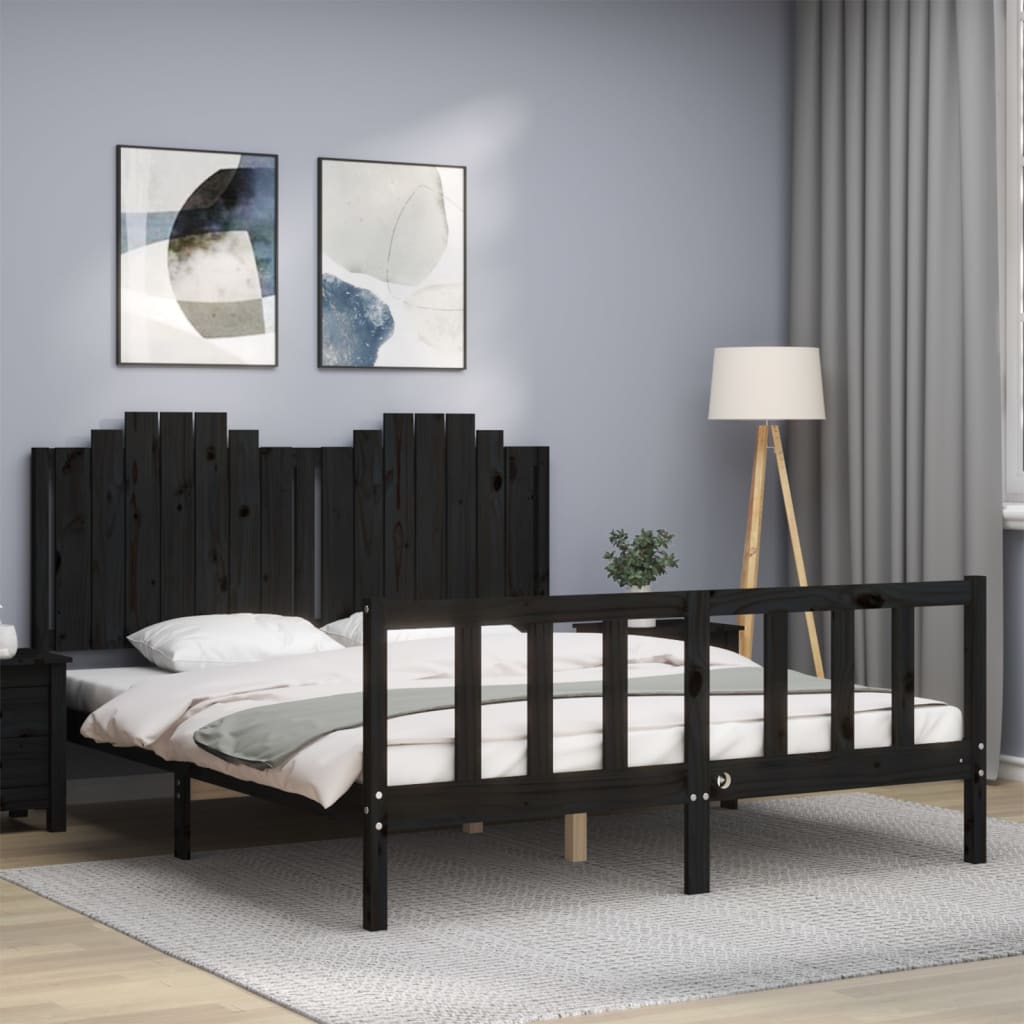 vidaXL Estructura cama de matrimonio con cabecero madera maciza negro