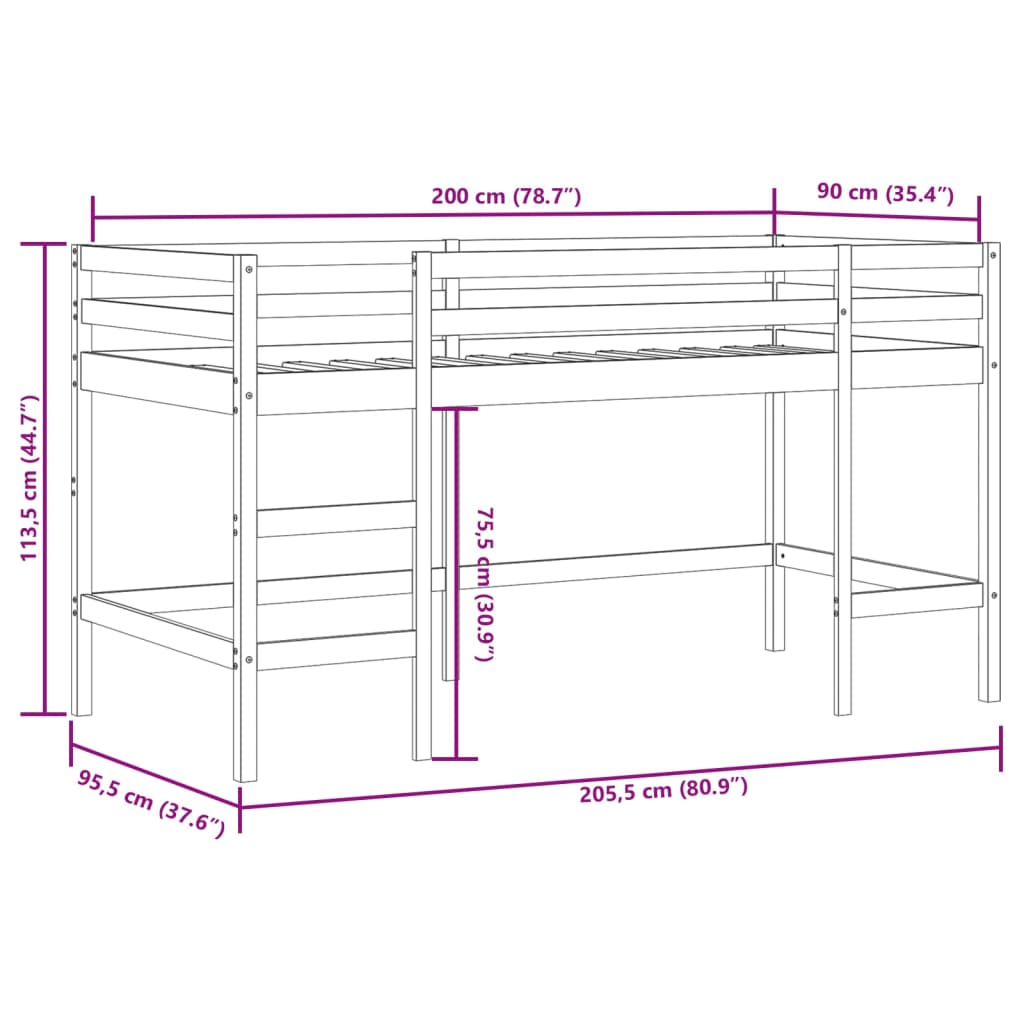 vidaXL Cama alta para niños con túnel madera pino azul 90x200 cm