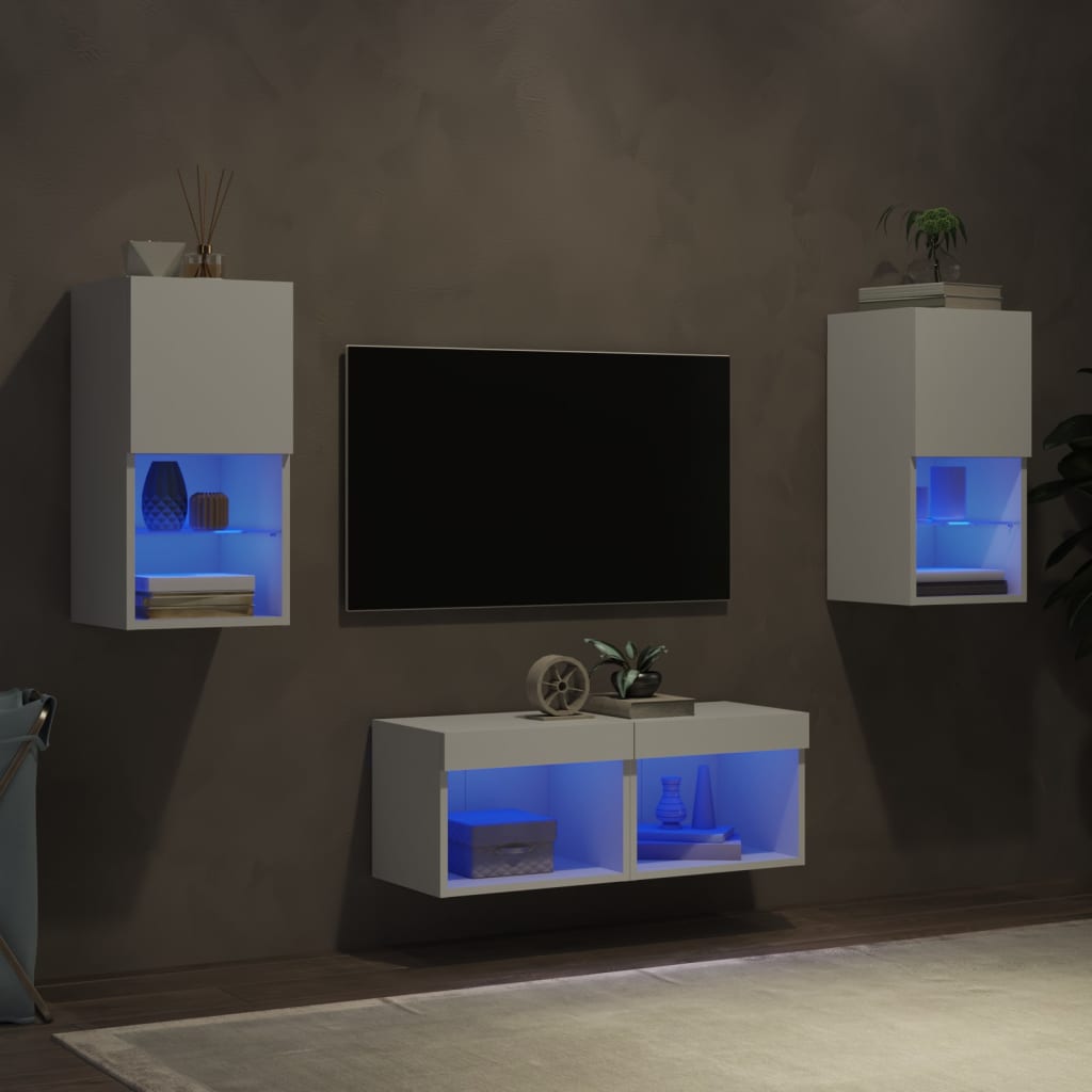 vidaXL Muebles de TV de pared con luces LED 4 piezas blanco