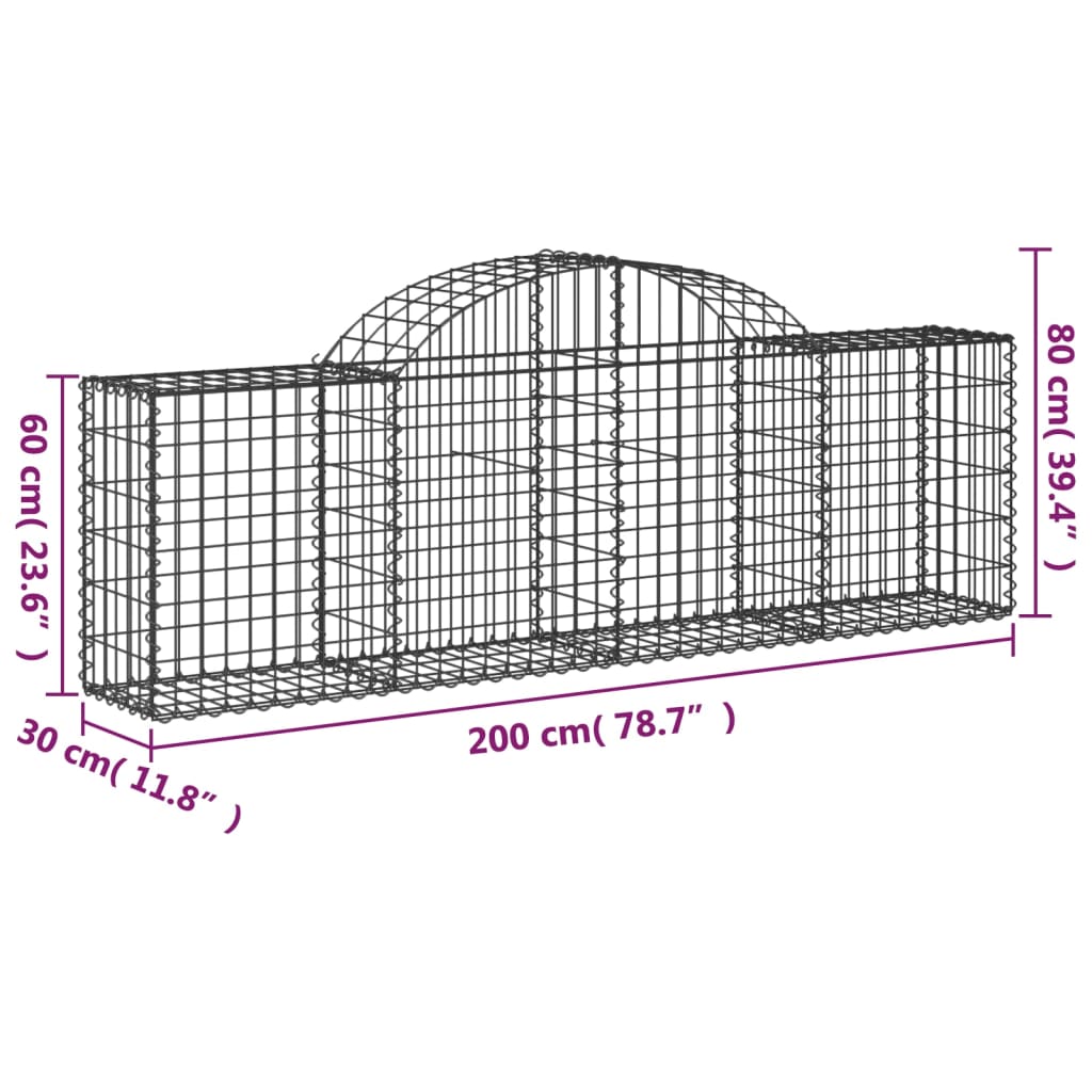 vidaXL Cestas de gaviones 4 uds forma de arco hierro 200x30x60/80 cm