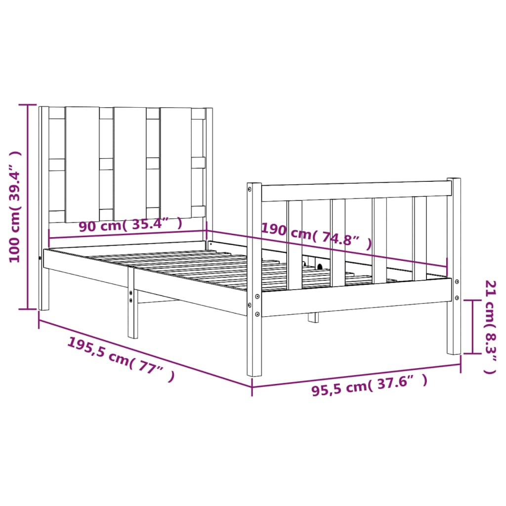 vidaXL Estructura de cama con cabecero madera maciza blanco 90x190 cm