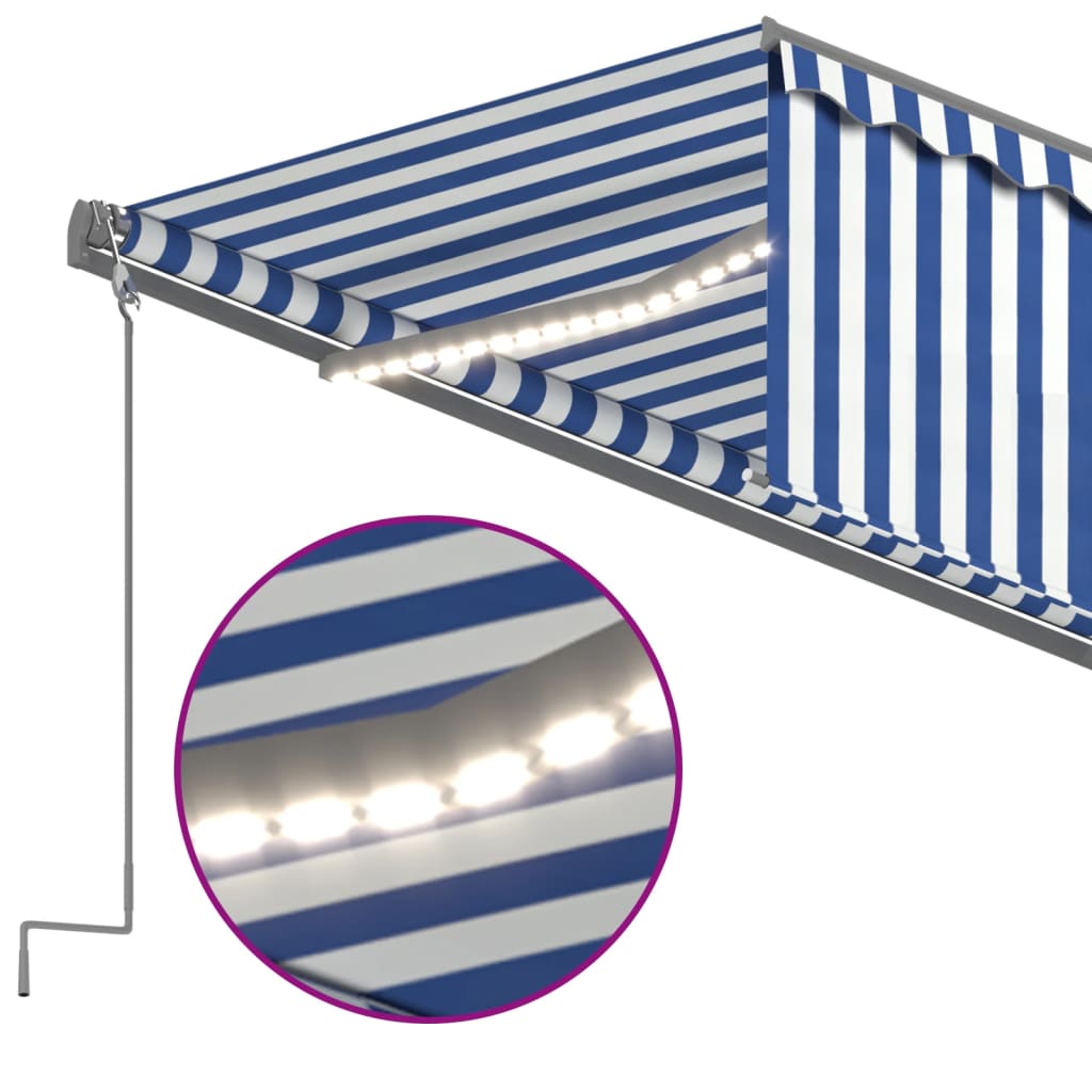 vidaXL Toldo automático persiana LED sensor viento azul blanco 5x3 m