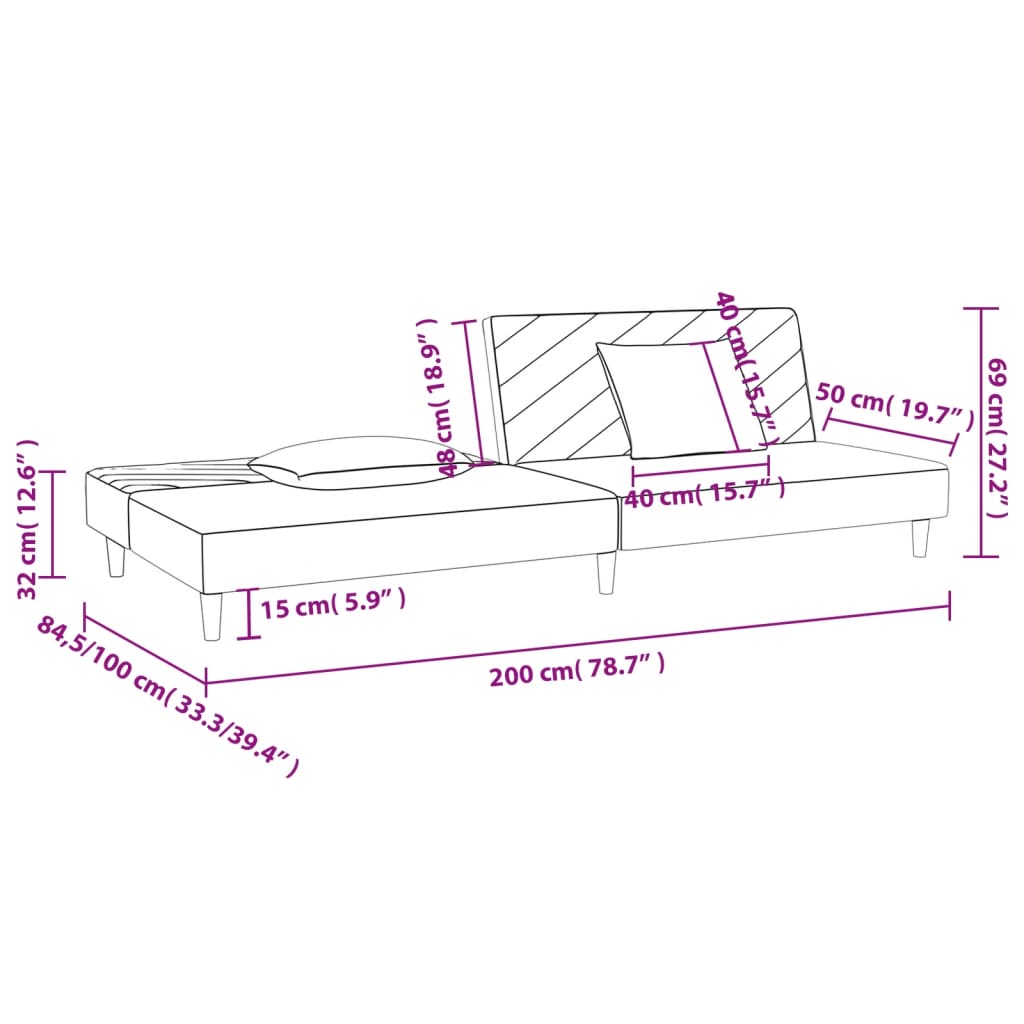 vidaXL Sofá cama de 2 plazas con dos almohadas tela negro