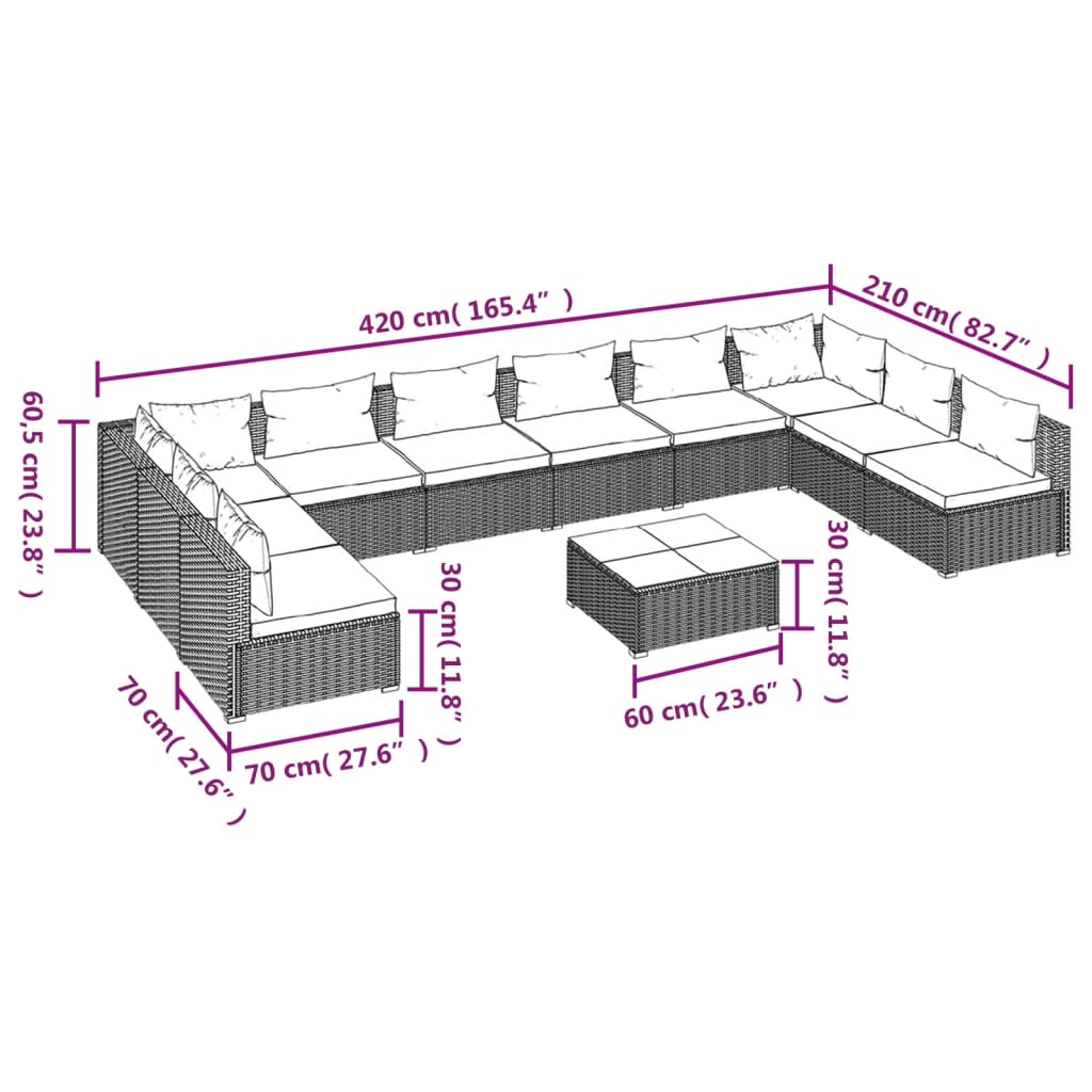 vidaXL Set de muebles de jardín 11 pzas cojines ratán sintético marrón