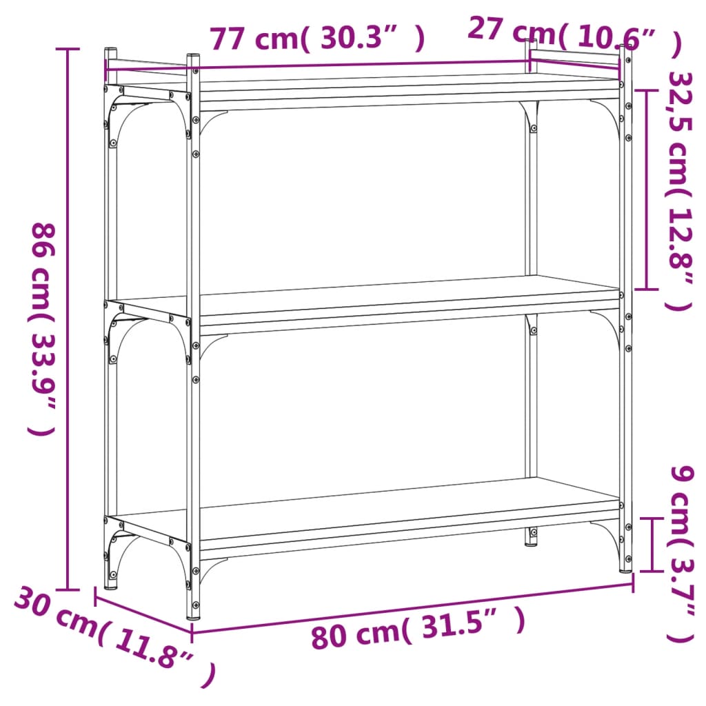 vidaXL Librería 3 estantes madera ingeniería roble ahumado 80x30x86 cm