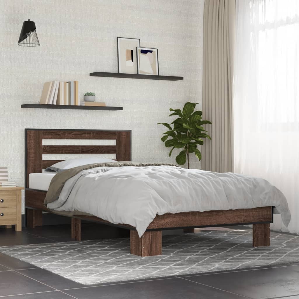 vidaXL Estructura cama madera ingeniería metal roble marrón 75x190 cm