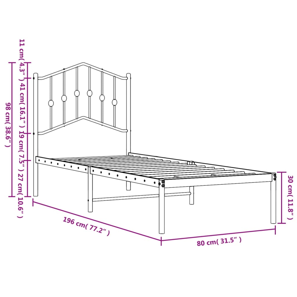 vidaXL Estructura cama sin colchón con cabecero metal negro 75x190 cm