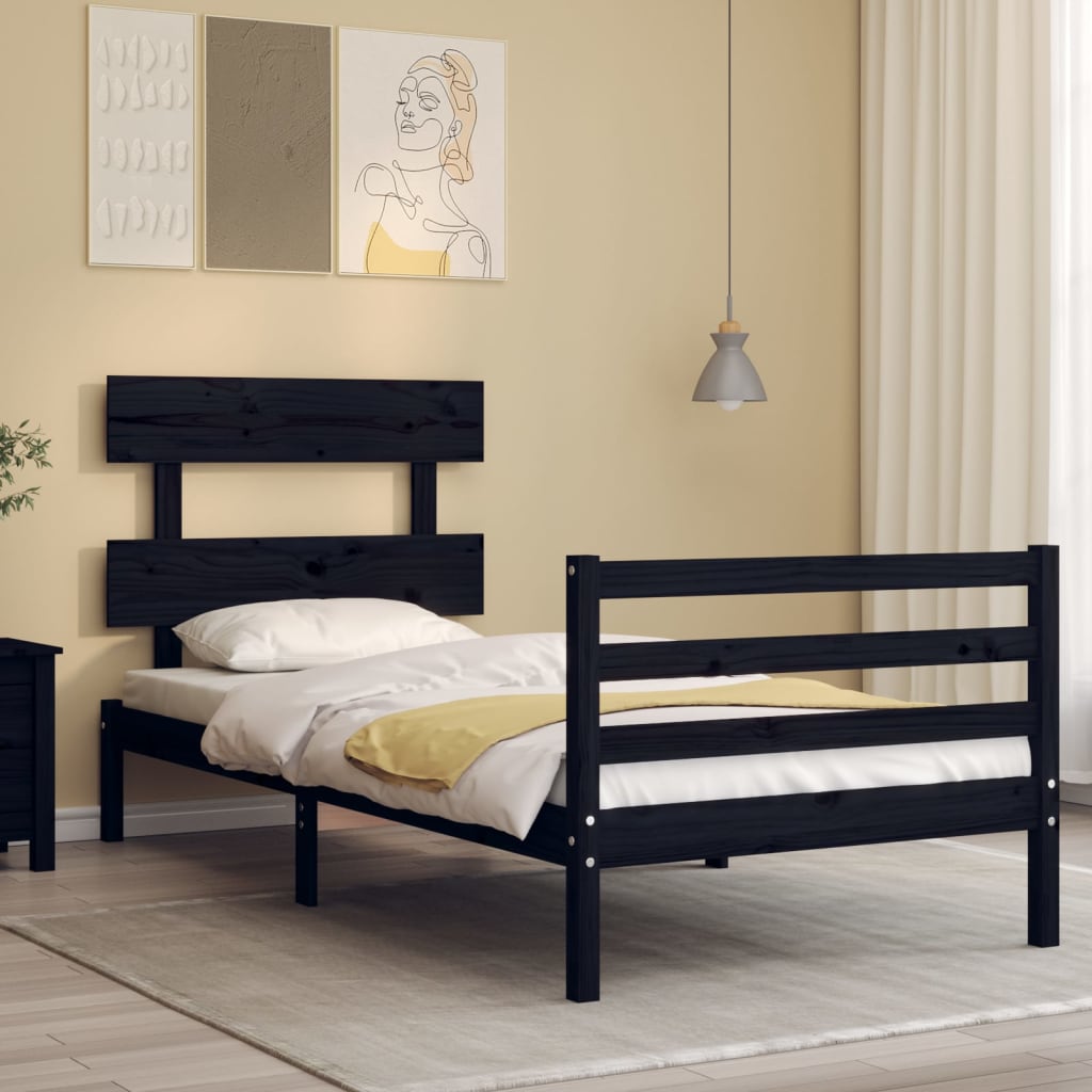 vidaXL Estructura de cama con cabecero madera maciza negro 90x200 cm