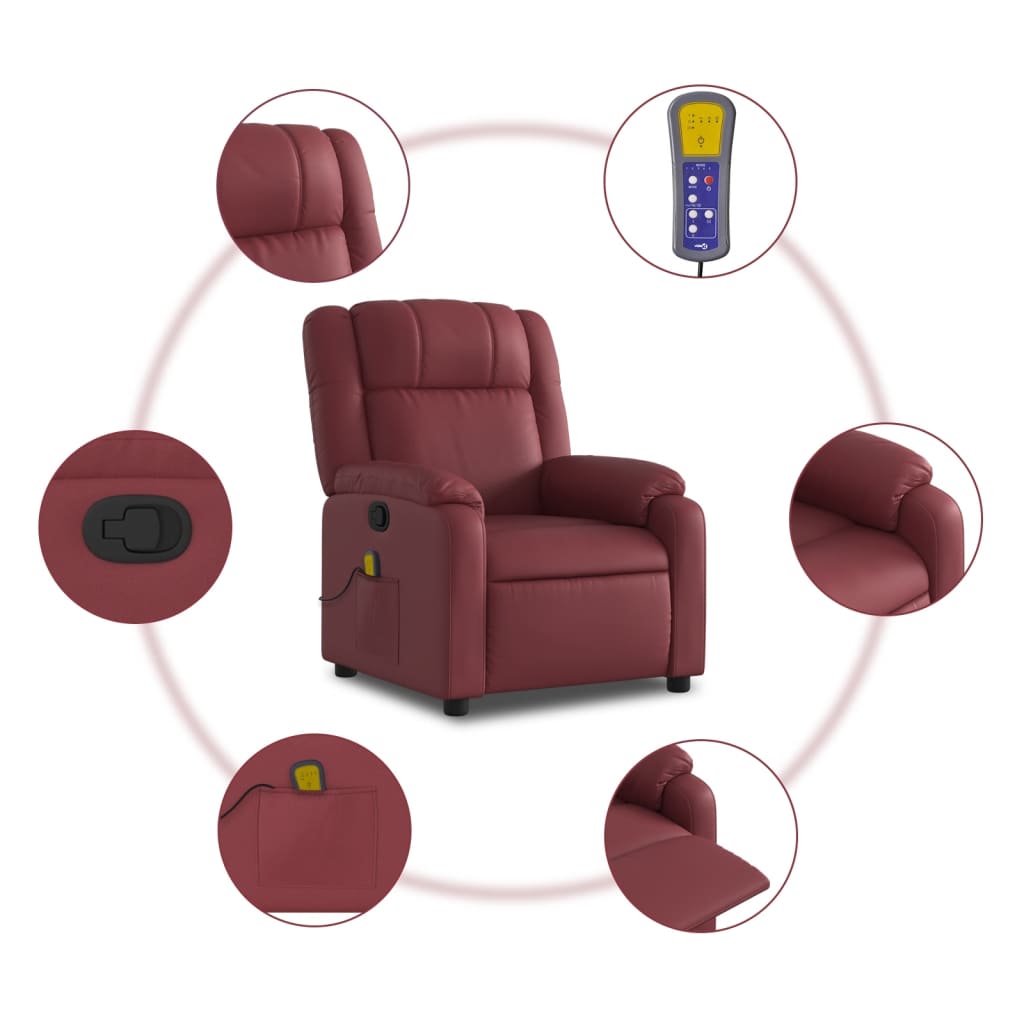 vidaXL Sillón de masaje reclinable cuero sintético rojo tinto