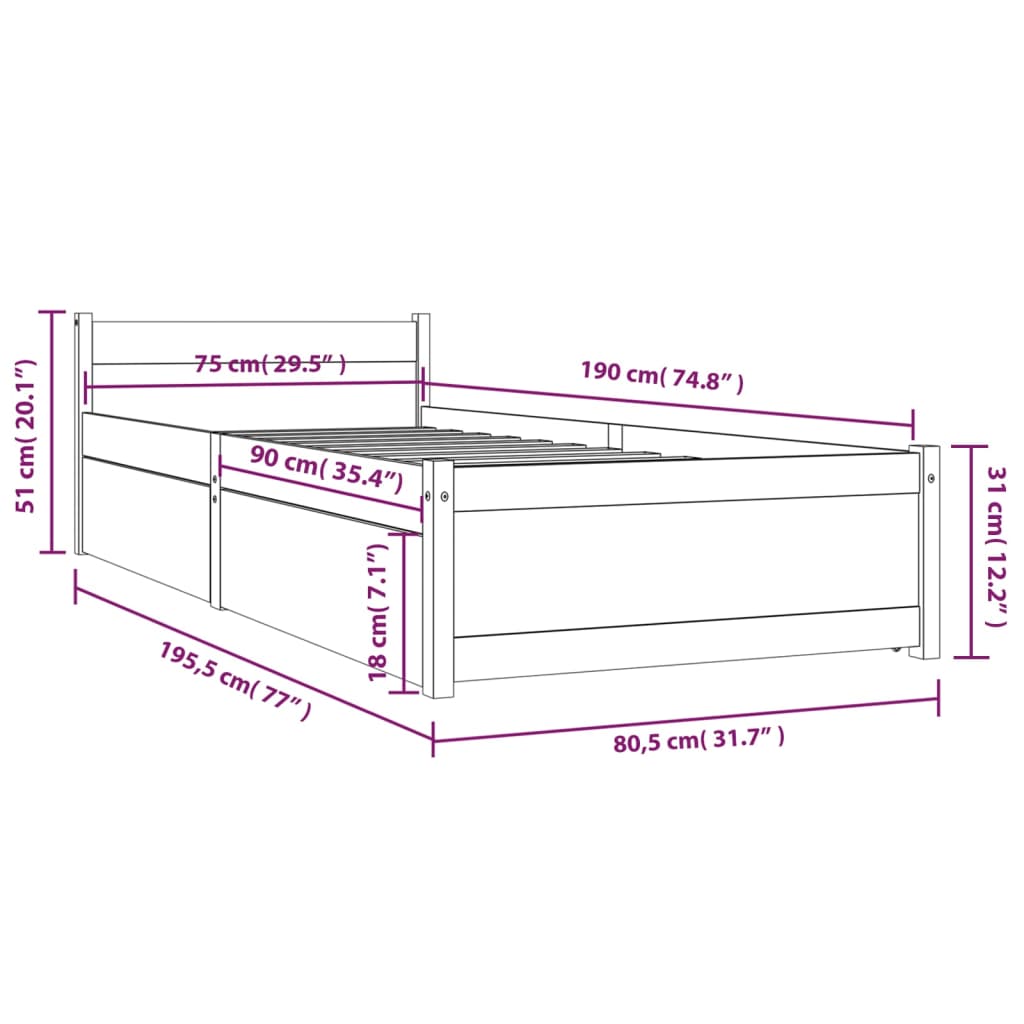 vidaXL Estructura de cama con cajones blanco 75x190 cm