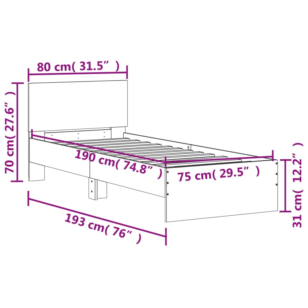 vidaXL Estructura de cama cabecero luces LED marrón roble 75x190 cm