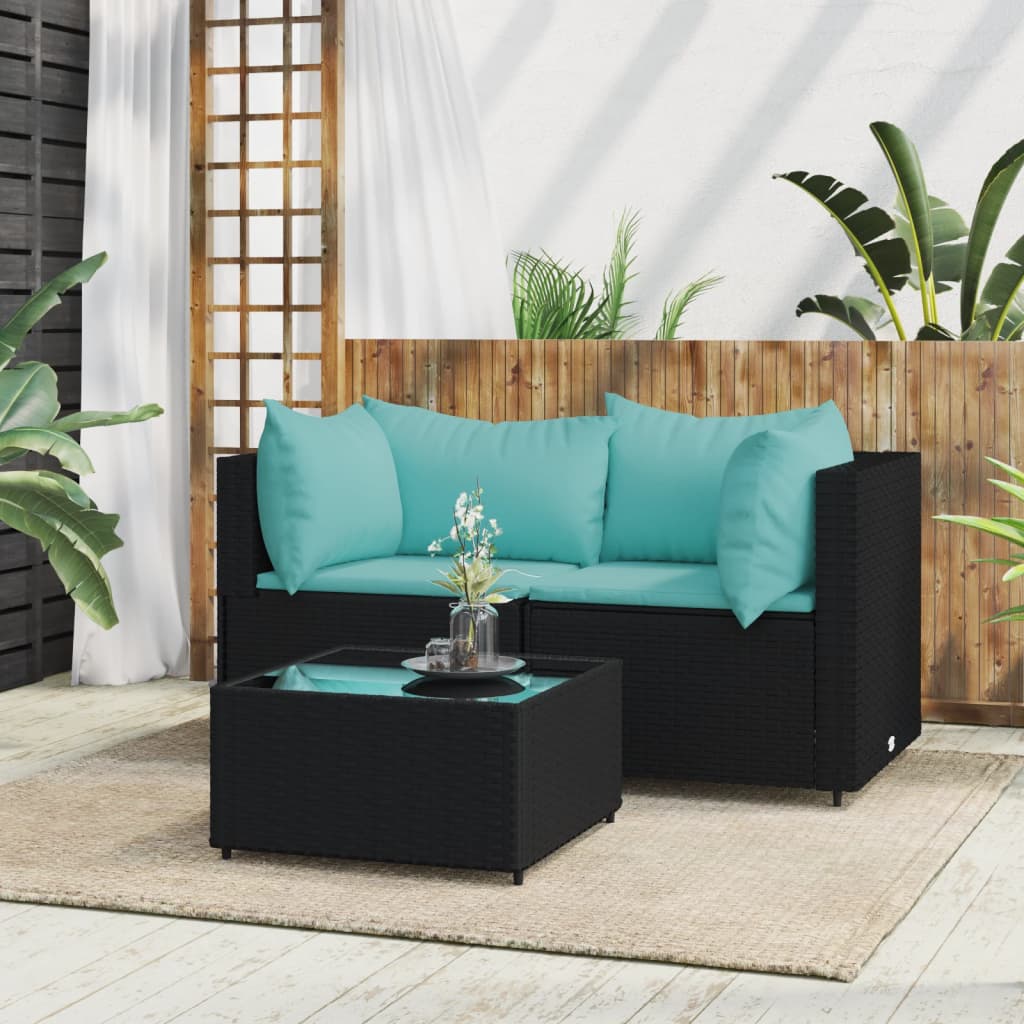 vidaXL Set de muebles de jardín 3 pzas y cojines ratán sintético negro