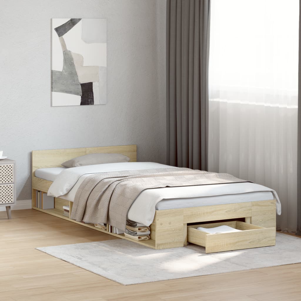 vidaXL Cama con cajón madera de ingeniería roble Sonoma 75x190 cm