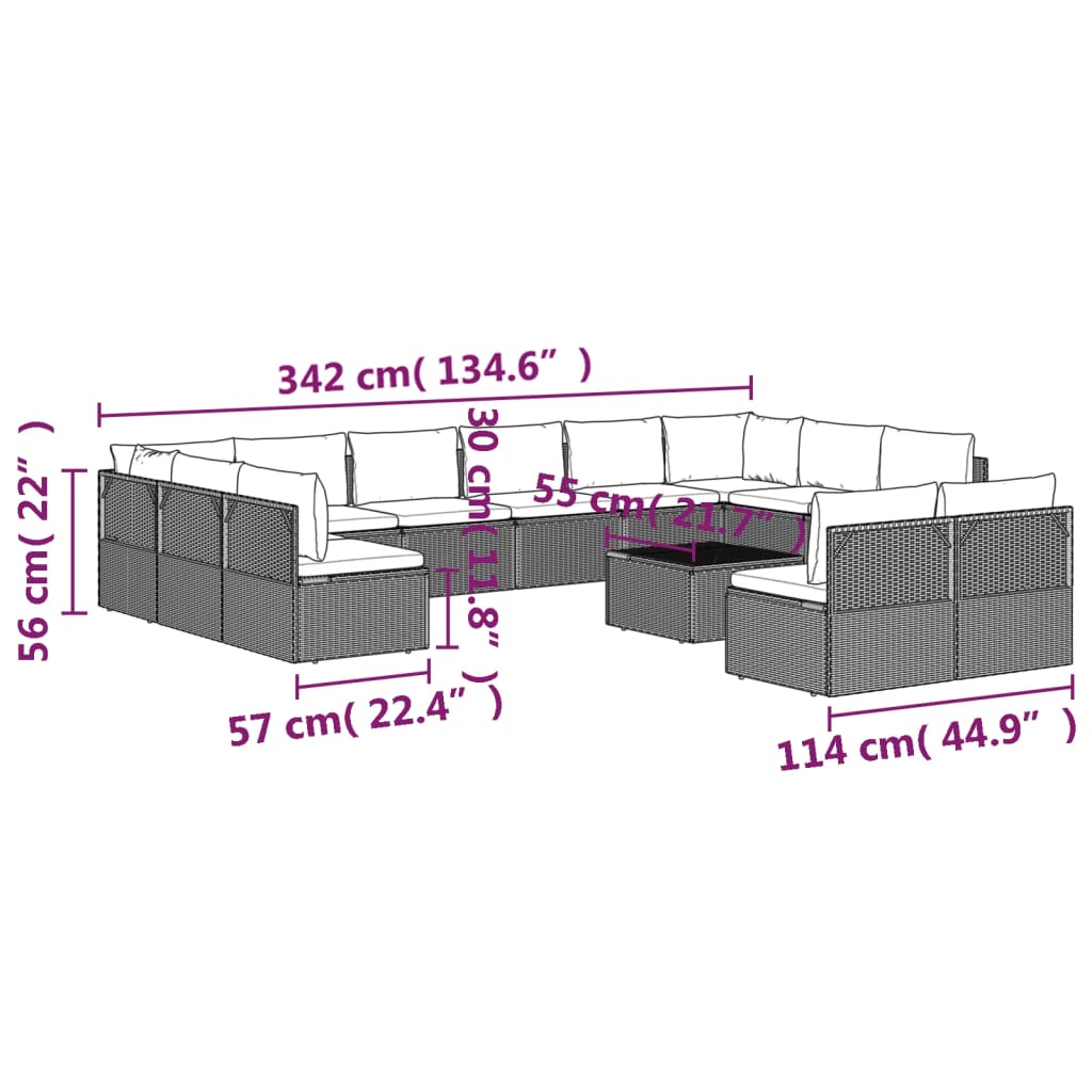 vidaXL Set de muebles de jardín 13 pzas y cojines ratán sintético gris