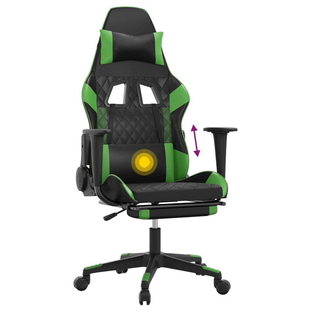 vidaXL Silla gaming de masaje y reposapiés cuero sintético negro verde