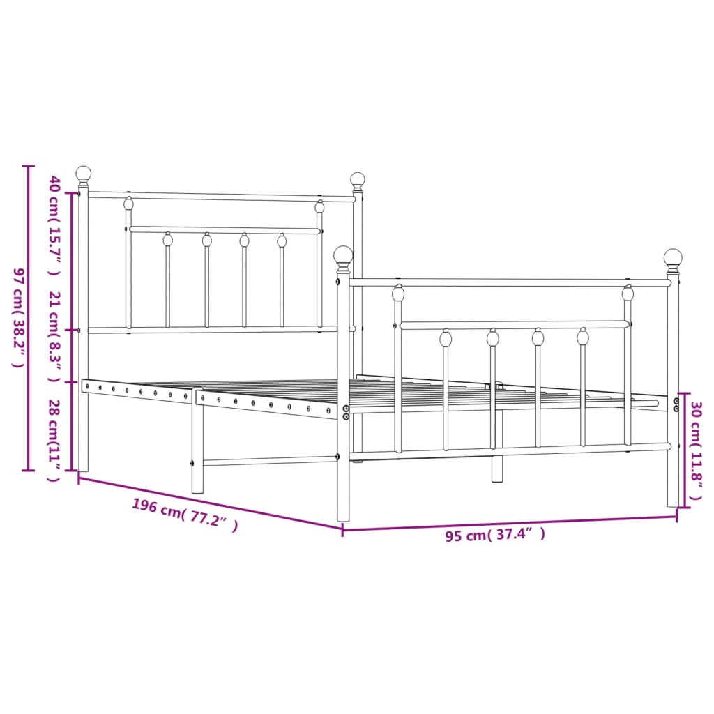 vidaXL Estructura de cama con cabecero y estribo metal negro 90x190 cm