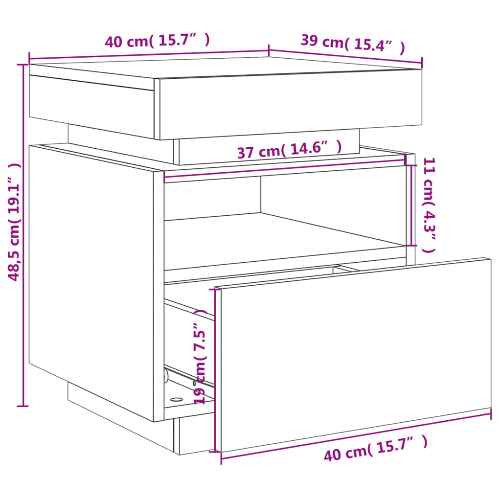 vidaXL Mesita de noche con luces LED roble ahumado 40x39x48,5 cm